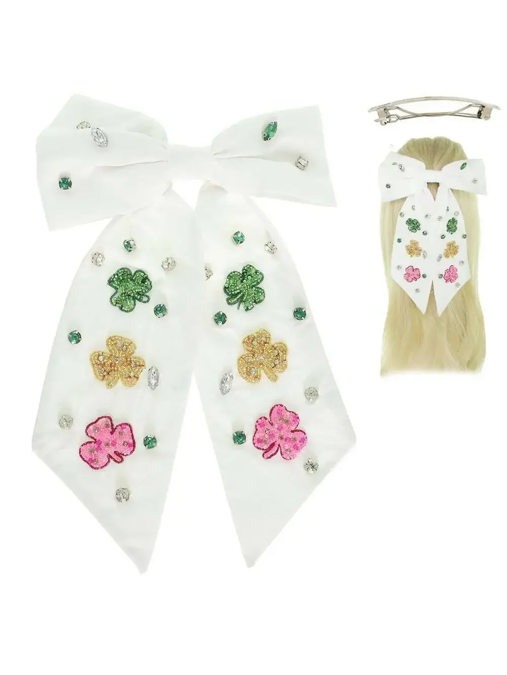 St. Patrick's Day Shamrock Beaded Bow Hair Barrette White